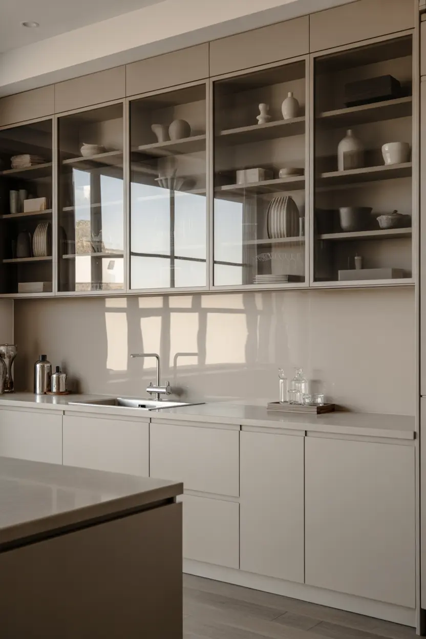 کابینت شیشه‌ای مدرن با فریم فلزی در اتاق نشیمن با نورپردازی مناسب