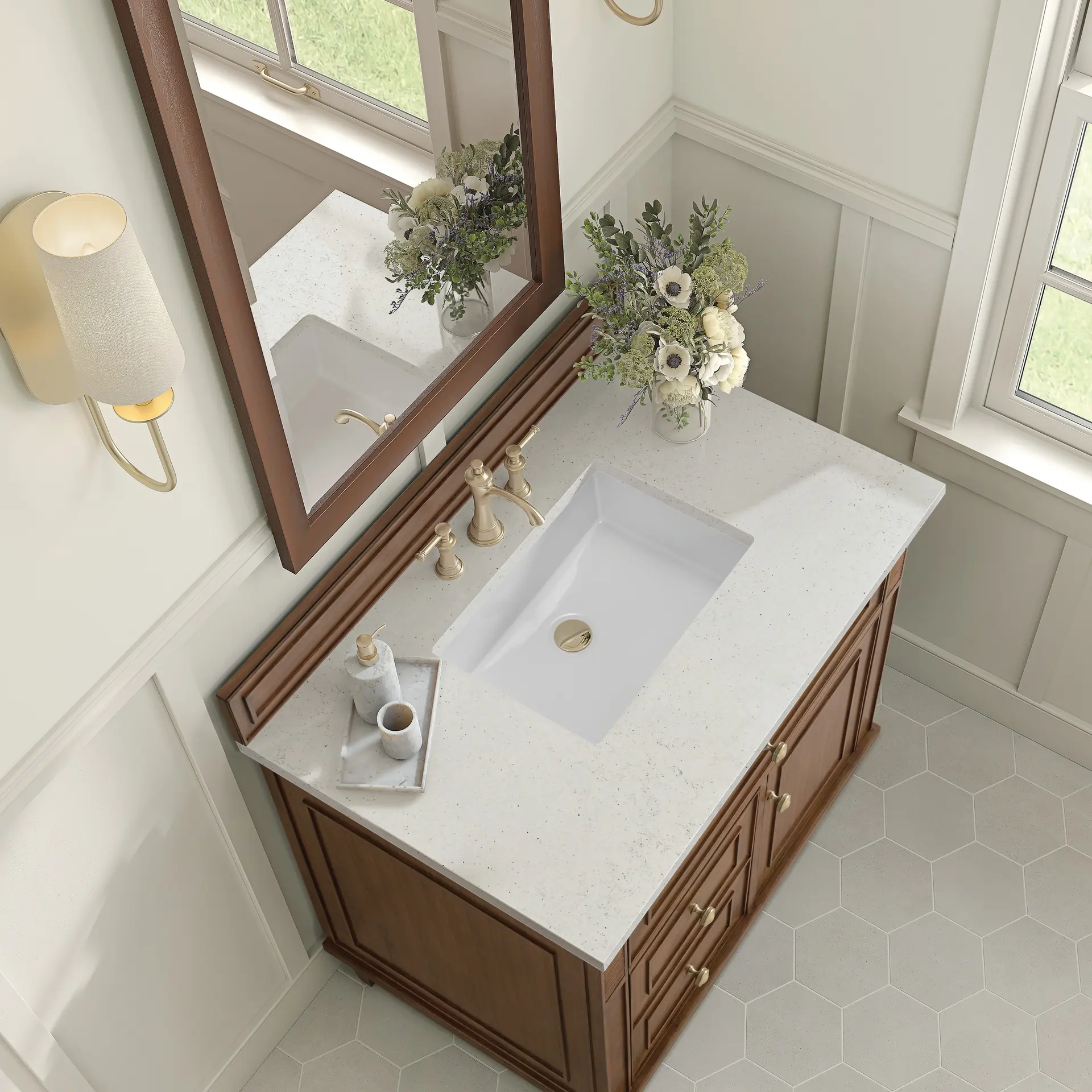 نمونه استفاده از صفحه کابینت کوارتز در طراحی حمام با سبک مید سنچری