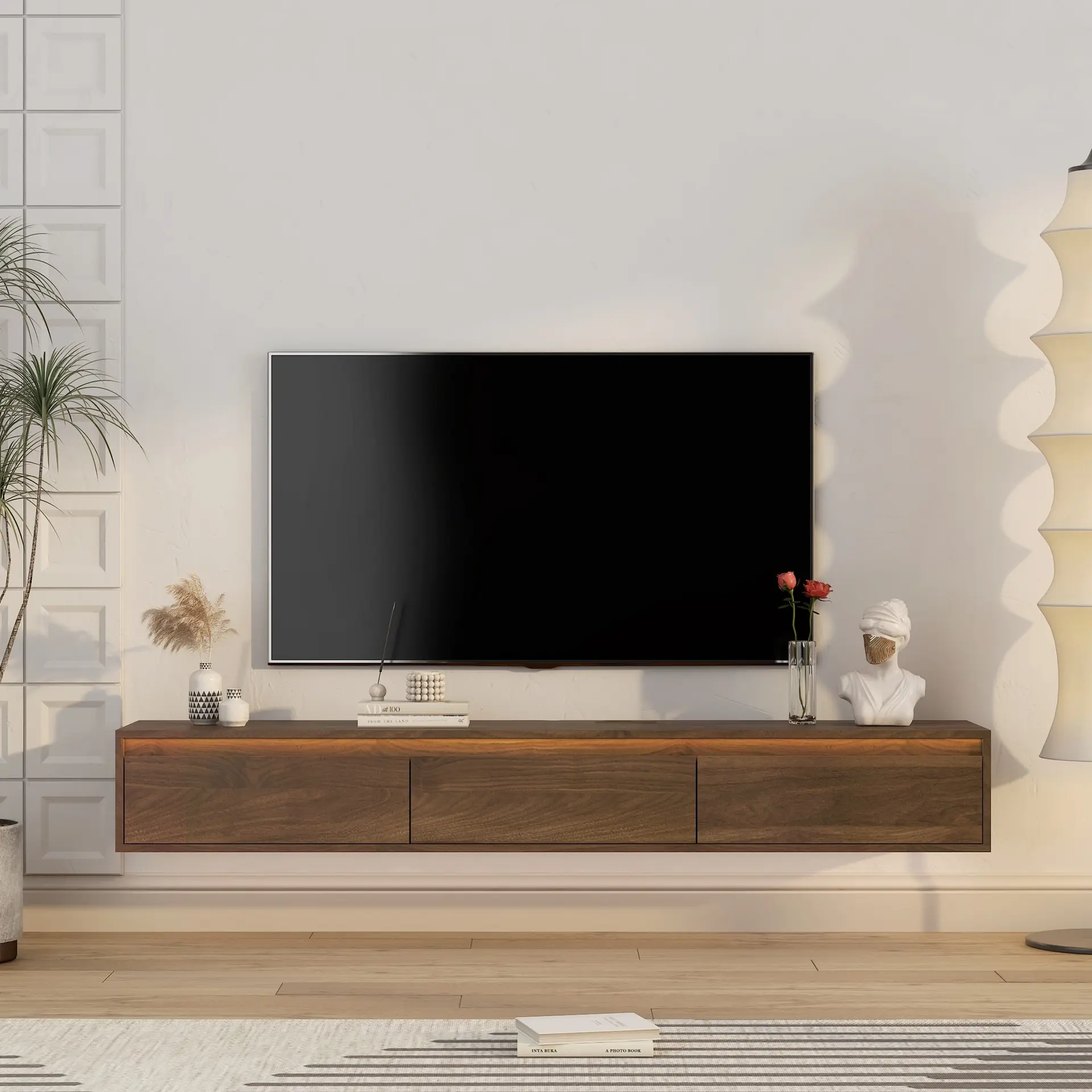میز تلویزیون شناور چوبی با کابینت‌های ذخیره‌سازی و نورپردازی LED