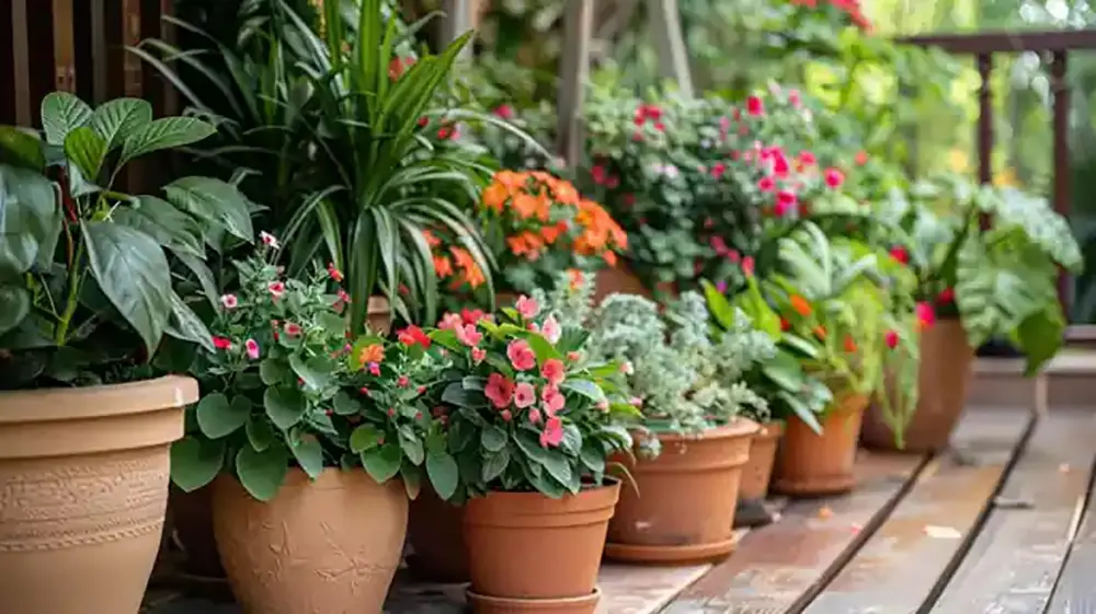 گیاهان پotted در فضای باز برای زیبایی نمای ساختمان