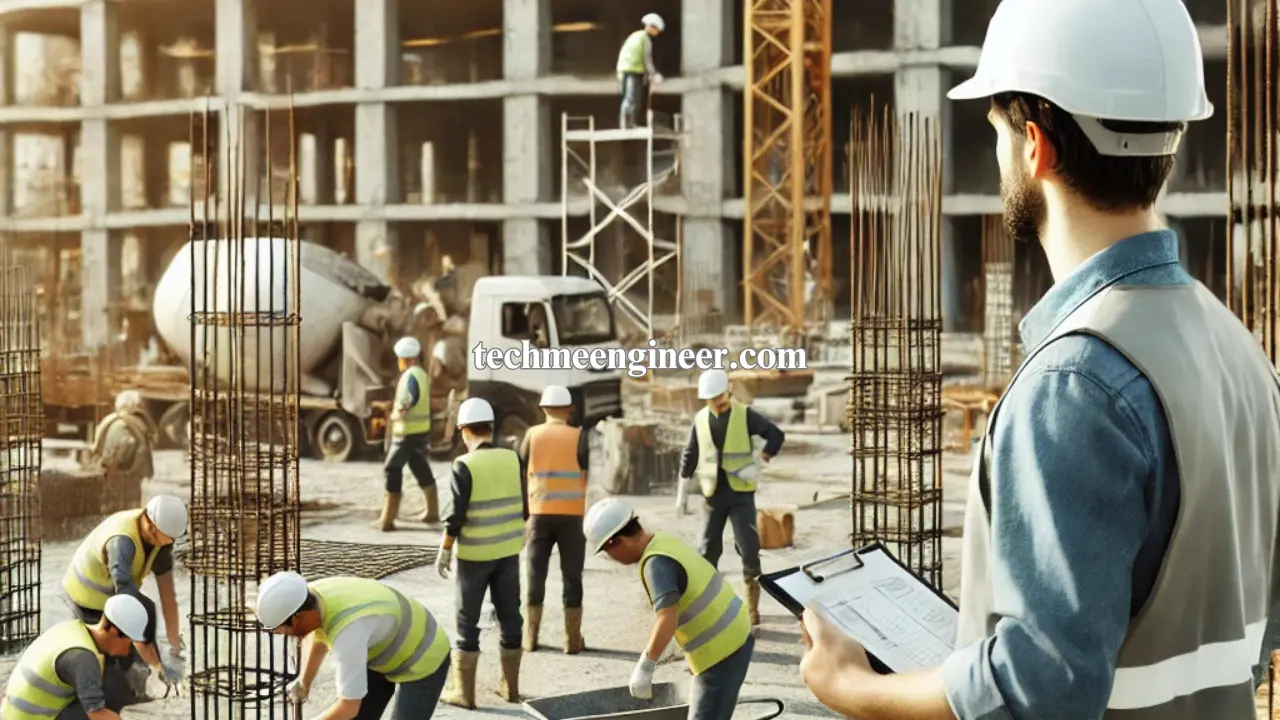 مهندس ناظر در حال بررسی نقشه‌های پروژه ساختمانی با استفاده از ابزارهای اندازه‌گیری